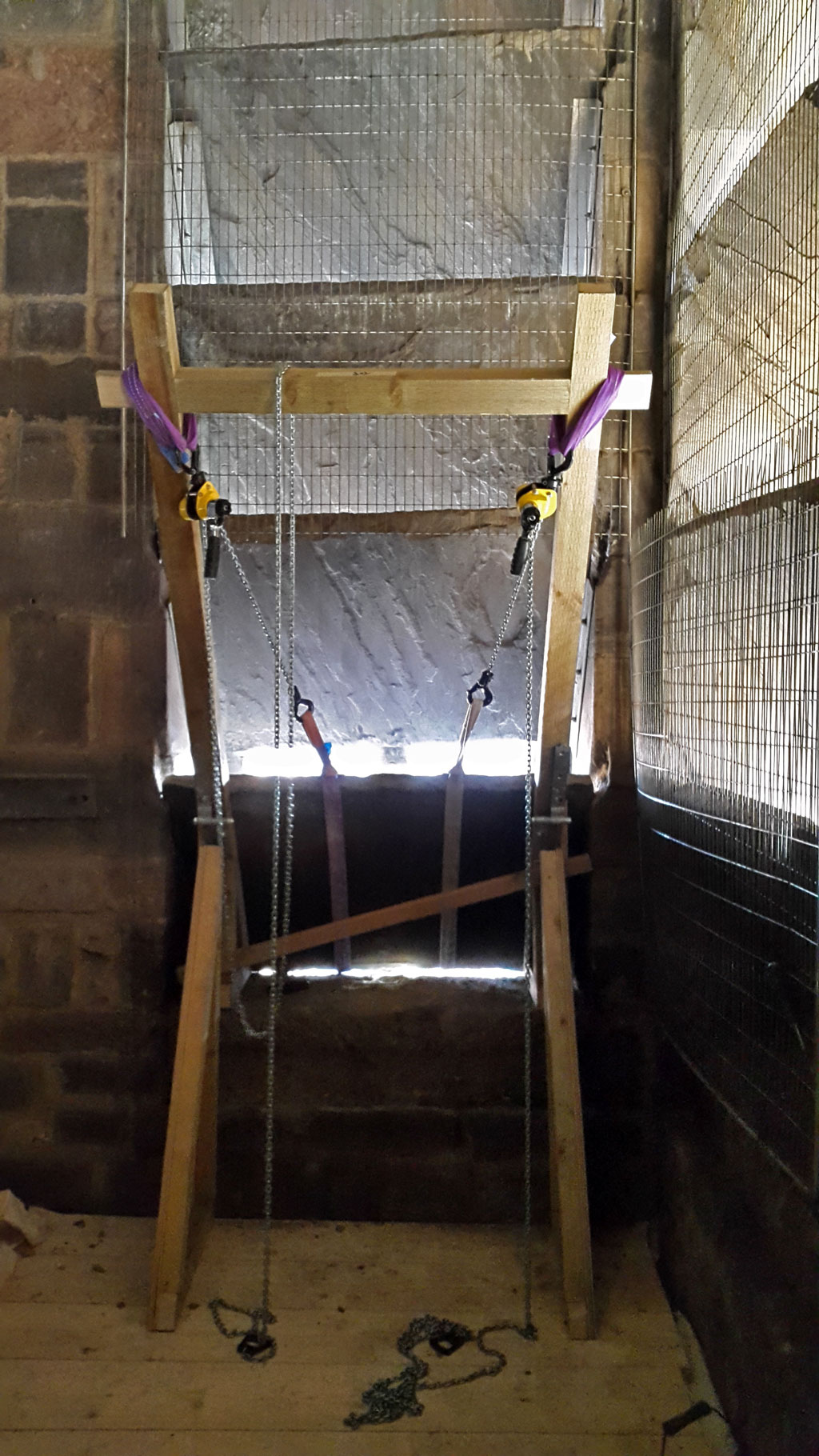 The hoist and tackle ready for use for Leicester Peregrines at Leicester Cathedral